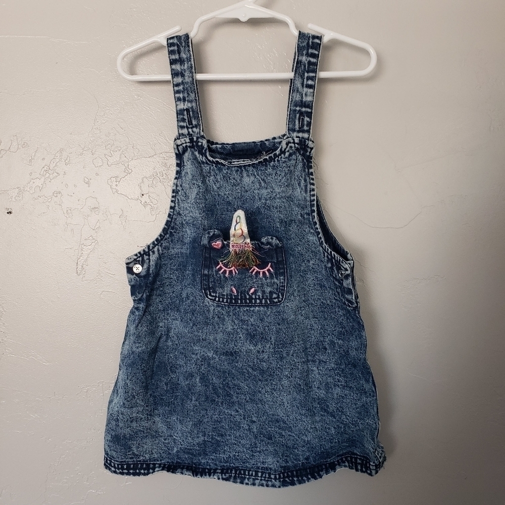 Little Lass Girls 4 Acid Medium Wash Denim Overall Dress Unicorn Patch Pocket